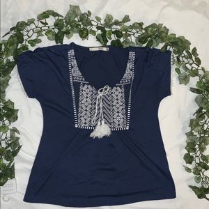 Blue Short Sleeve Top with Lace Accents